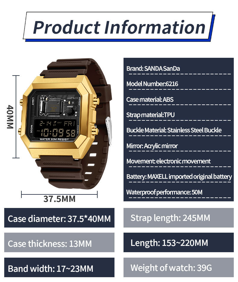 Sanda 6216 Square Waterproof Sports Digital watch for Men Students