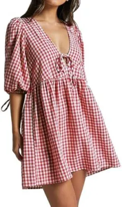 Women's V-neck Lace-up Plaid Dress - Red - View 1