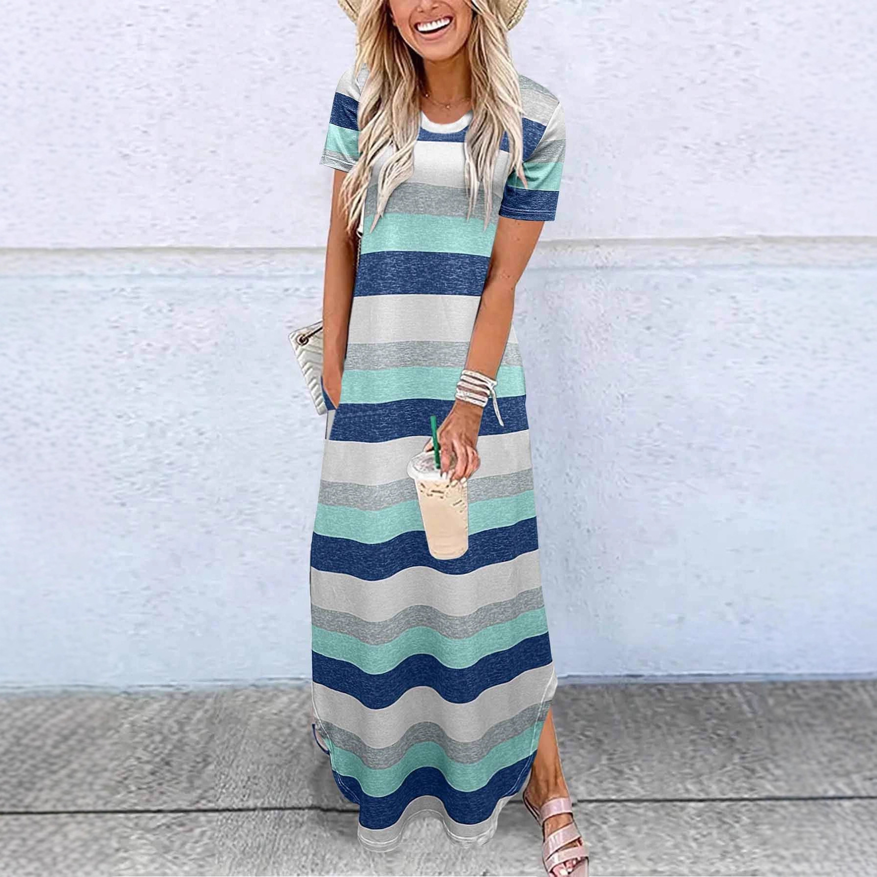 Solid-color Crew-neck Pocket Short-sleeve Dress