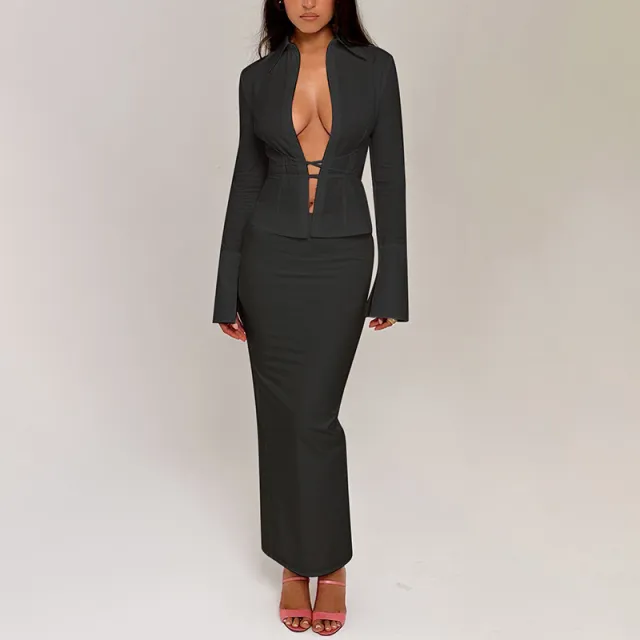 Lace up Shirt Long sleeved Top High Waist Slit Skirt Fashion Casual Style Suit Black - Shop at LoveMi