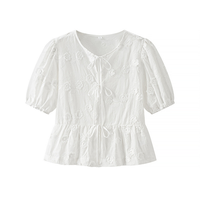 Solid Color Flower Embroidered Cotton Short-sleeved Shorts Two-piece Suit