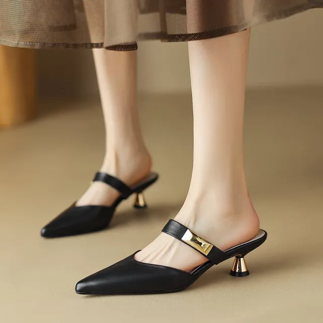 Casual Pointed toe Mules Shoes High Heel Toe Box Half Slippers Black - Shop at LoveMi