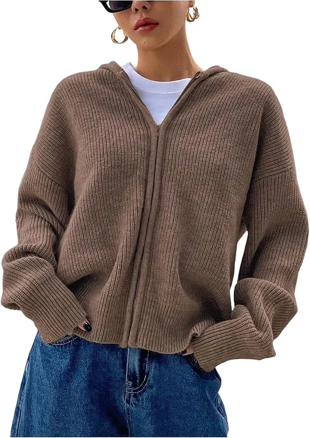 Loose Fitting Casual Cardigan Sweater With A Chunky Knit And Zipper Camel - Shop at LoveMi