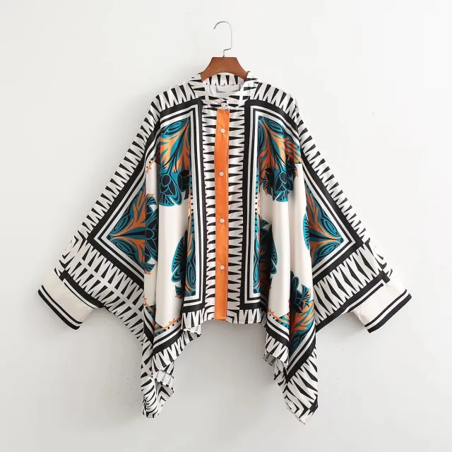 Bat Sleeve Shawl Shirt Positioning Printing Wide Leg Pants Suit Shirt - Shop at LoveMi