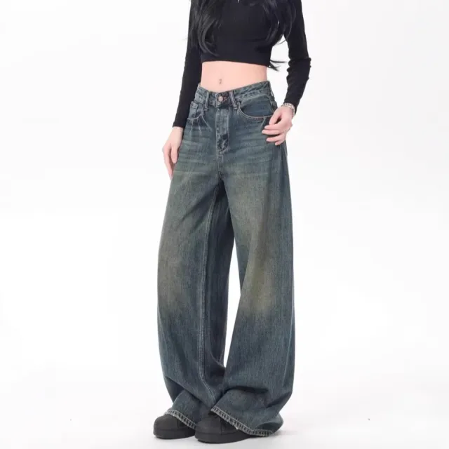 High Waist Drooping Versatile Mop Pants Wide Leg Jeans Blue - Shop at LoveMi