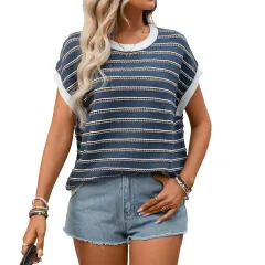 Summer Crew-Neck Knitted Top Casual Striped Contrast-Colour Sweater - Navy - View 1