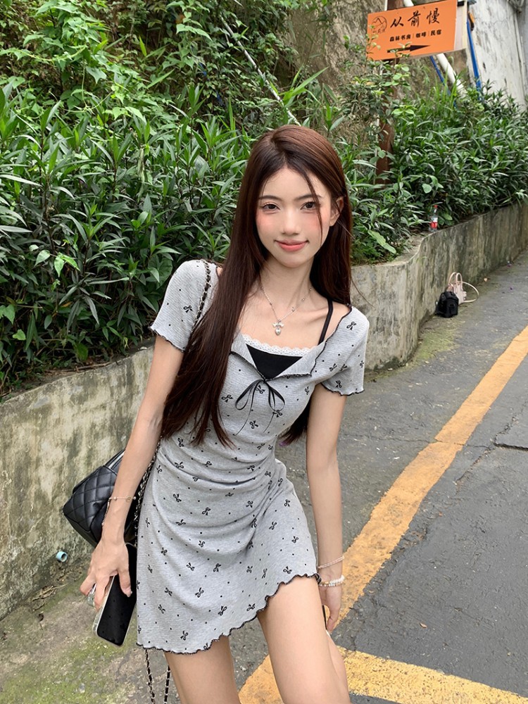 Fake Two-piece Bow Print Lace Tight Waist A- Line Dress