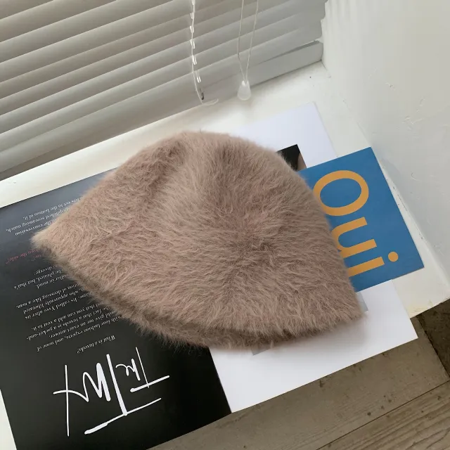Japanese style Retro All match Face covering Rabbit Fur Bucket Hat Milk Coffee Color - Shop at LoveMi