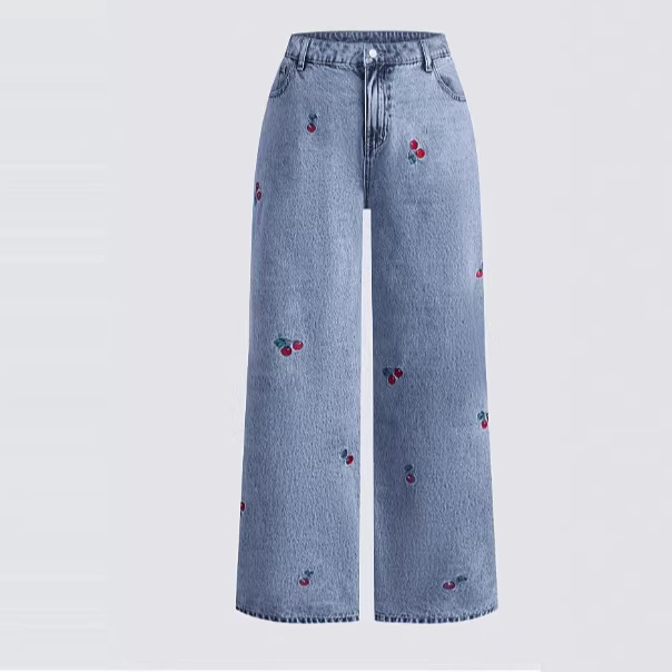 Retro-distressed Slimming Stretchy Cherry-embroidered Jeans — image 1