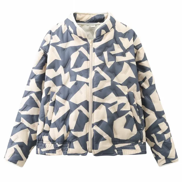 Women's Clothing Fashion Geometry Pattern Pattern Cotton Coat Jacket Gray Blue - Shop at LoveMi