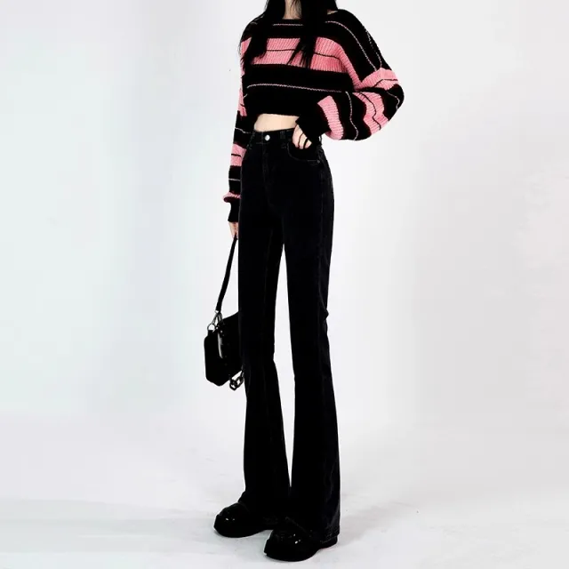Light Blue Slightly Flared High Waist Slimming Mopping Jeans Black - Shop at LoveMi