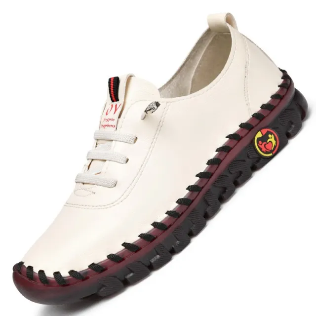 Handmade Stitching PU Leather Mom Shoes Casual Shoes Wear resistant Flat Pumps White - Shop at LoveMi