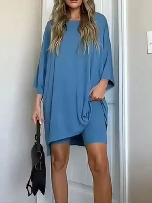 Women's Clothing Fashion Solid Color Loose T shirt Tight Shorts Women Blue - Shop at LoveMi
