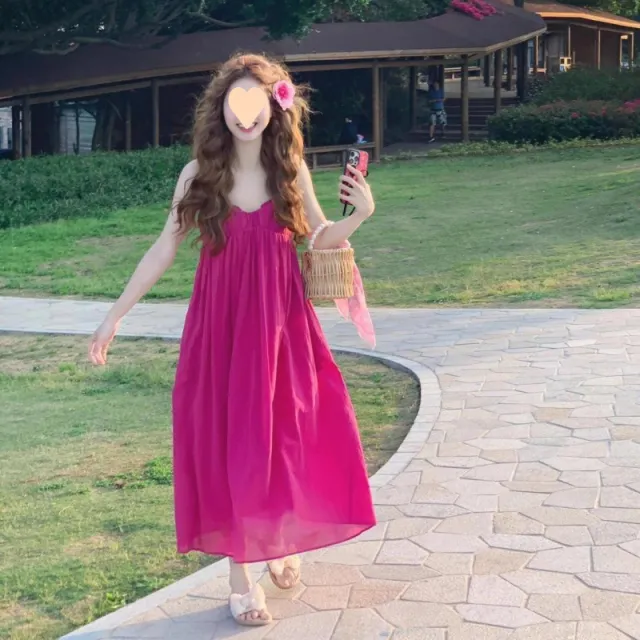 Sweet Seaside Beach Atmosphere Sling Dress Dopamine Pink - Shop at LoveMi