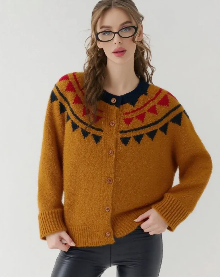 Round Neck Loose All-match Soft Glutinous Knitted Coat - Yellowish Brown