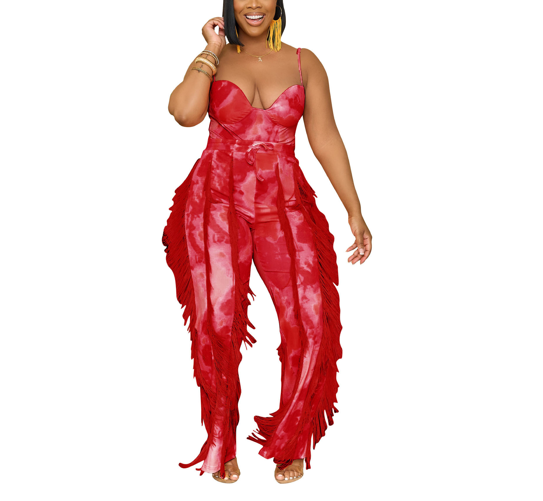 Printed Tassel Lace Sling Jumpsuit Two piece Set Red - Shop at LoveMi