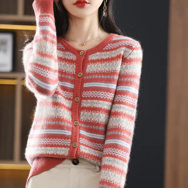 Women's Knitted Cardigan Mixed Color Stripe Contrast Color Jacquard Soft Glutinous Sweater Coat Red - Shop at LoveMi