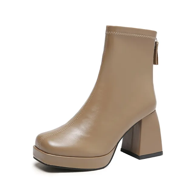 Square Head Thick Heel Back Zipper High Heel Boots Khaki - Shop at LoveMi
