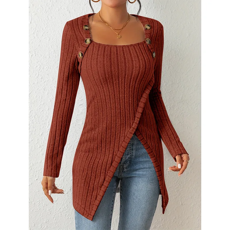Woman Square-neck Off-shoulder Slit Sweater - Light Brown