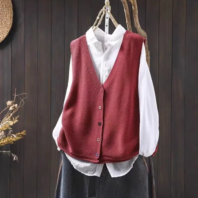 Spring And Autumn Outer Wear Solid Color And V neck Color Buckle Knitted Cardigan Vest Vest For Women Red - Shop at LoveMi
