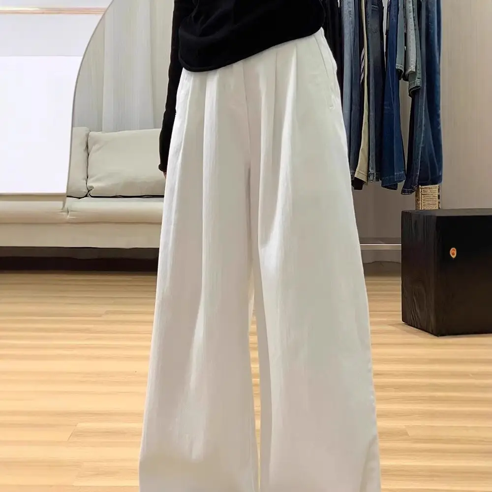 Women's High Waist Loose Casual Draping Effect Tencel White Wide Leg Pants