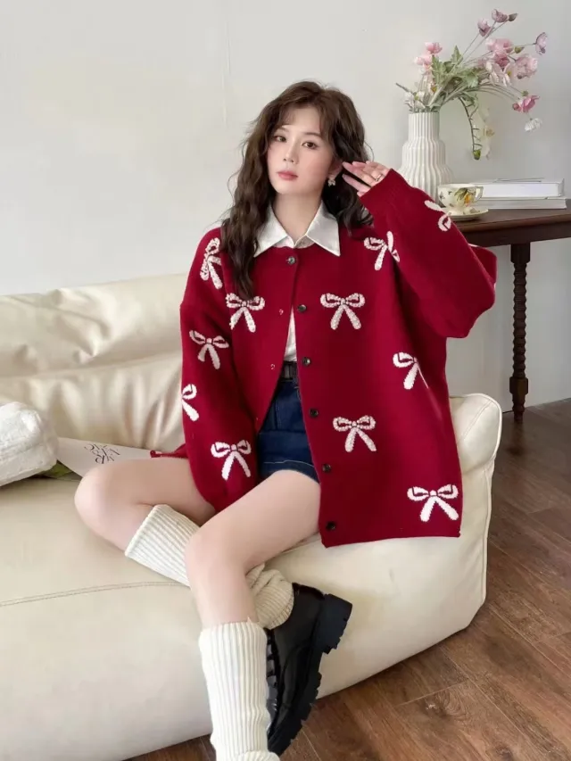 Bow Knit Sweater Coat Women Loose Design Sense Cardigan Top Casual Style Red - Shop at LoveMi