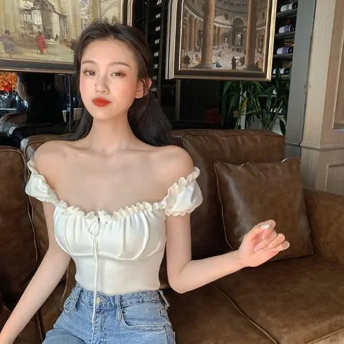 Women's Fashion Chic Collarbone Off shoulder Design Drawstring Short Sleeve White - Shop at LoveMi