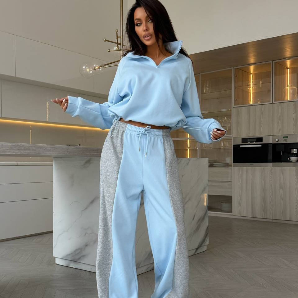 Color-block Sporty Half-zip Cardigan And Front-button Pants Set