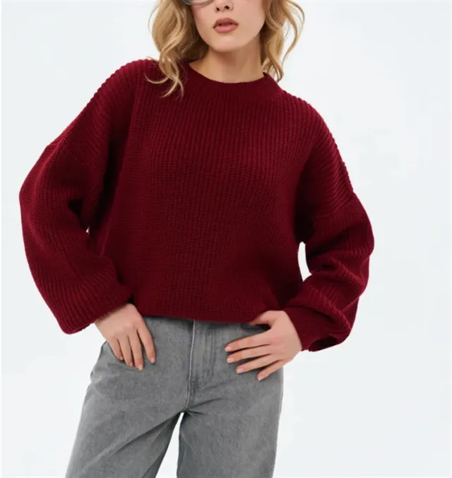 Women's Solid color Crew neck Loose fitting Pullover Sweater Wine Red - Shop at LoveMi