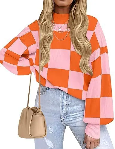 Women's Fashion High Collar Long Sleeve Striped Rib Sweater - Orange Plaid
