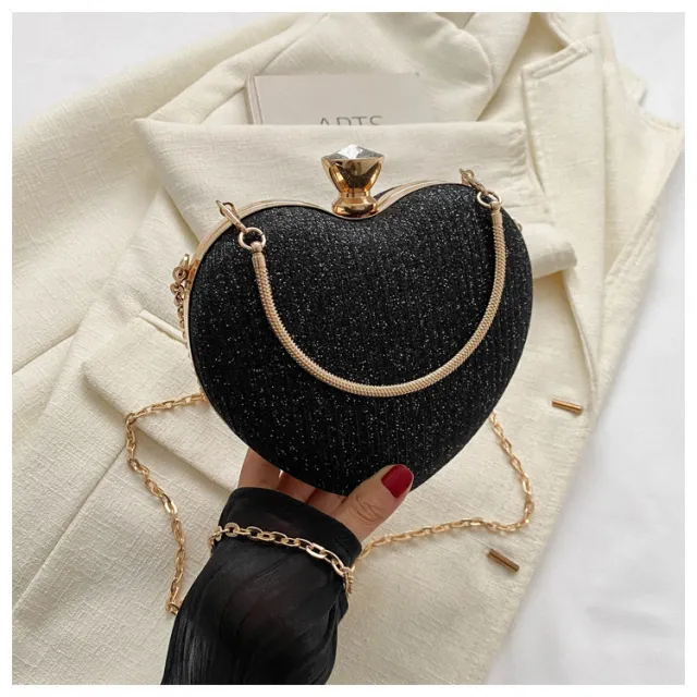 Evening Clutch Bag Women Bag Shiny Handbag Heart Shape Metal Clutches Bag Fashion Chain Shoulder Crossbody Bag Luxury Lady Purse Valentines Day Out... Black - Shop at LoveMi
