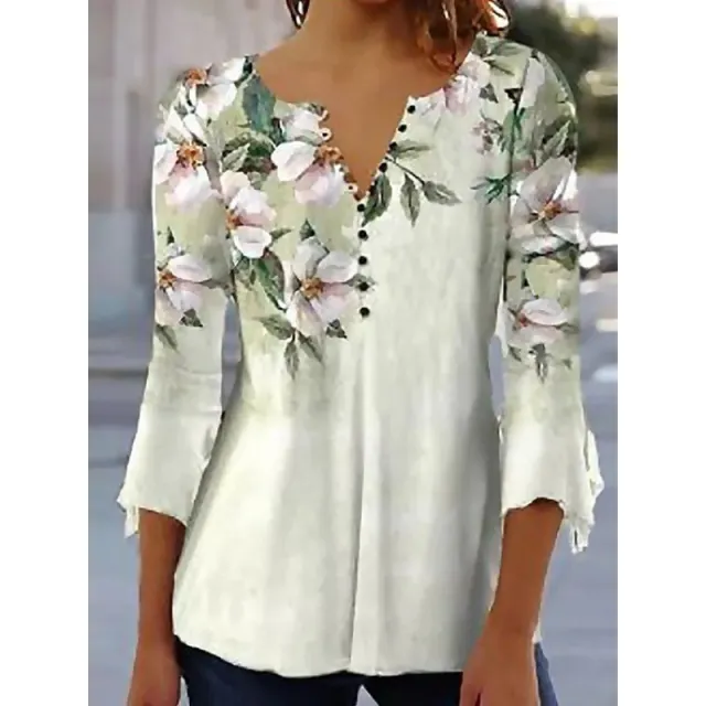 Women's 3d Digital Printing Button V neck Flared Sleeves T shirt 04Style - Shop at LoveMi