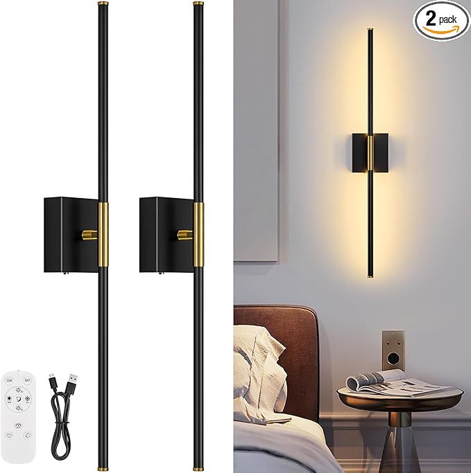 Minimalist Black And Gold Remote-Dimmable Battery-Operated Wall Lamp For The Living Room