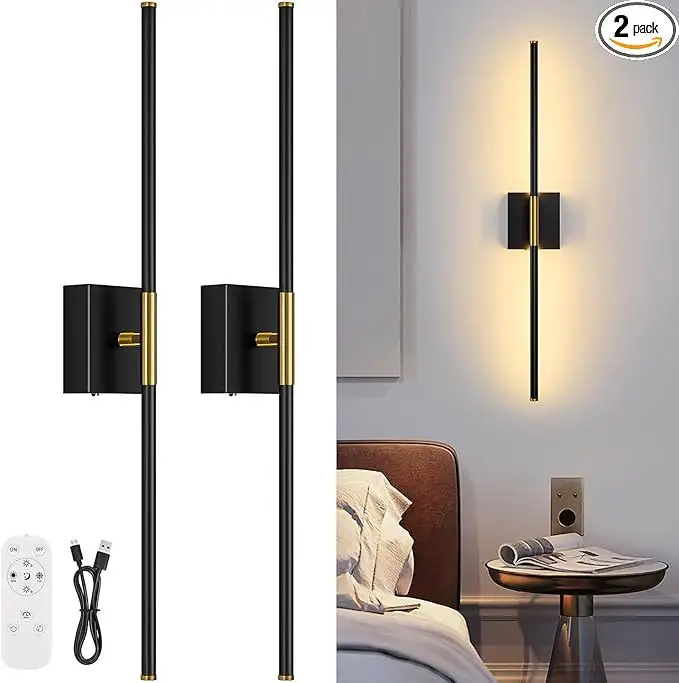 Minimalist Black And Gold Remote-Dimmable Battery-Operated Wall