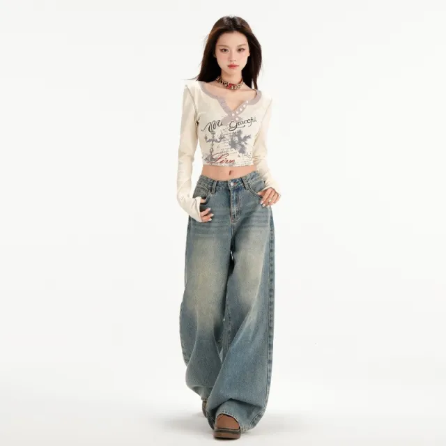 Retro Straight All matching Loose Drooping Wide Leg Jeans Retro Blue Trousers - Shop at LoveMi