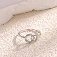 Korean-style Simple Graceful Geometric Diamond-embedded Round Double-ring Buckle Ring - Platinum - View 1