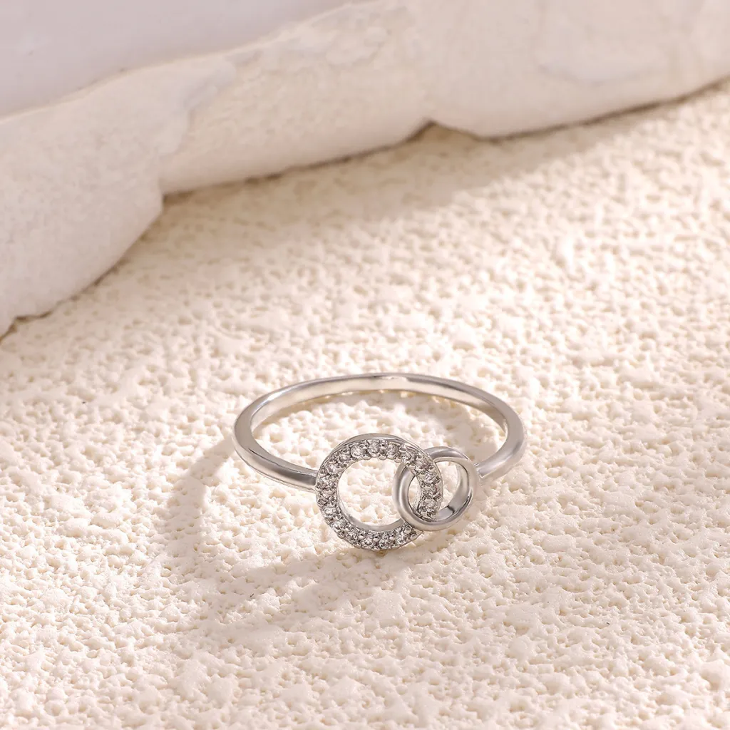 Korean-style Simple Graceful Geometric Diamond-embedded Round Double-ring Buckle Ring - Platinum