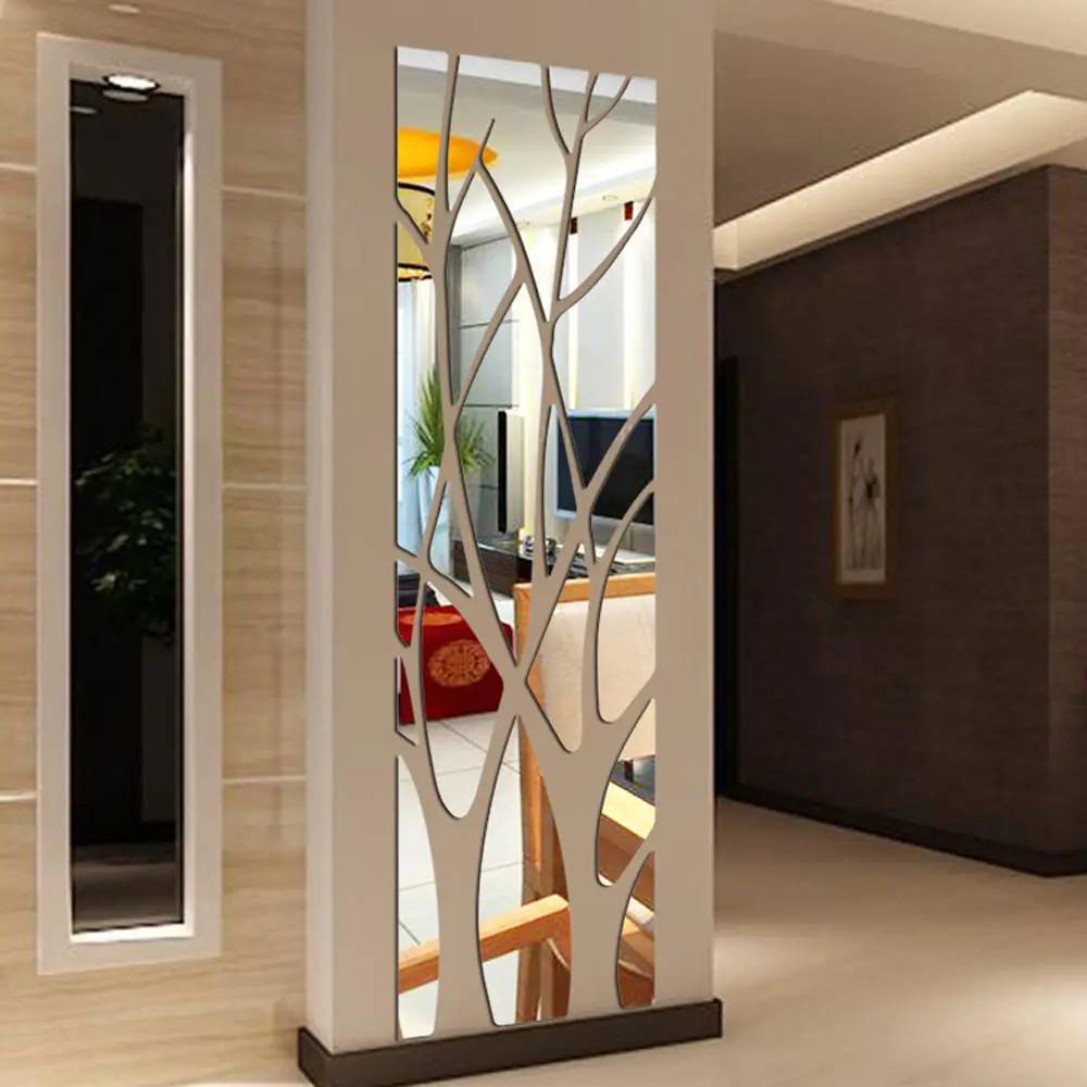 Acrylic 3D Mirror Surface Branch Wall Sticker Home Decoration - Silver