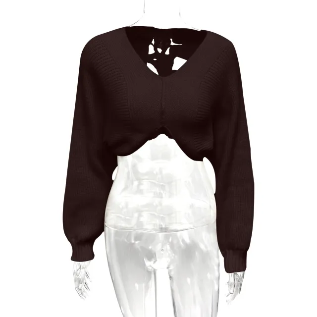 V neck Midriff baring Short Temperamental Knitted Sweater Brown - Shop at LoveMi