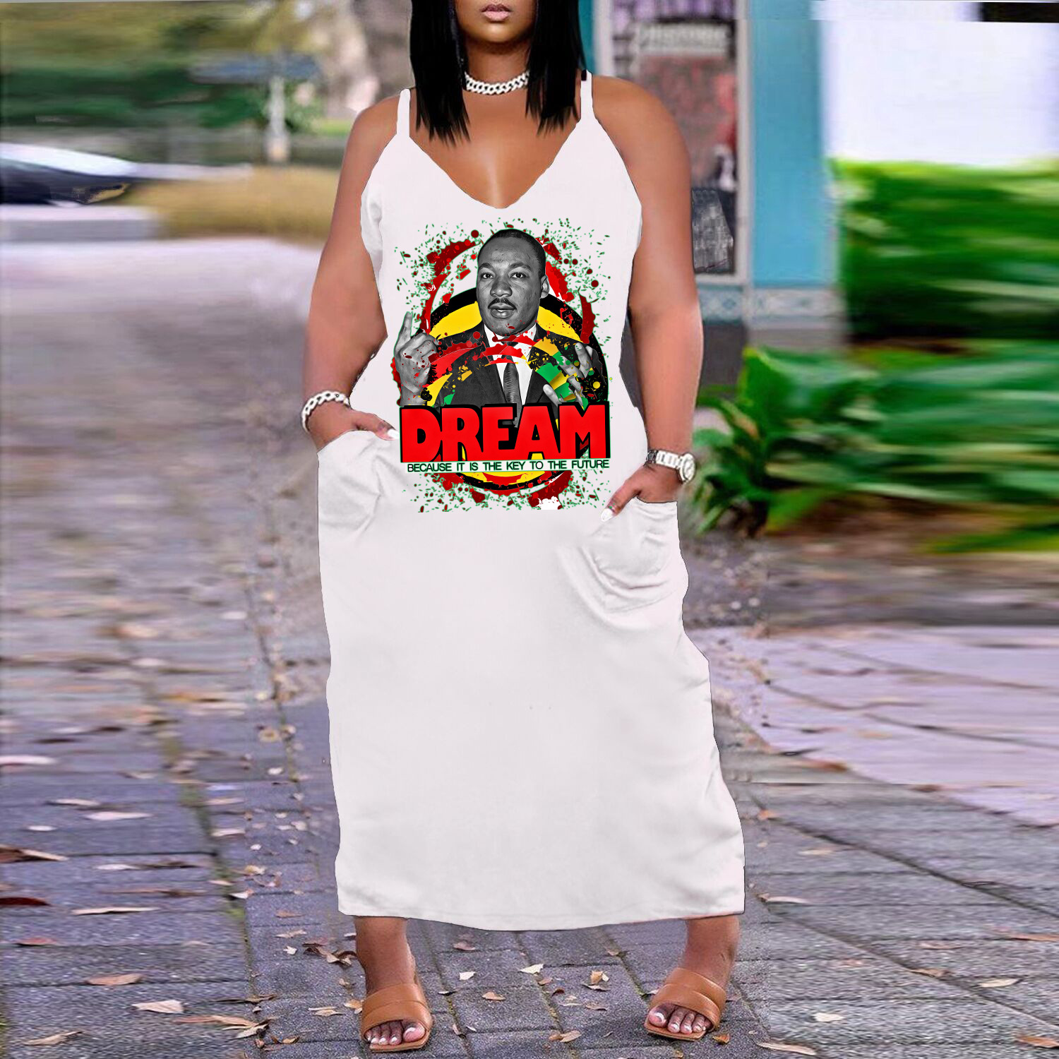 European And American Sexy V-neck Loose Slim Strap Midi Plus Size Printed Dress