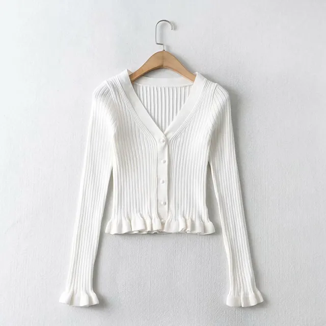 Retro V neck Tree Fungus like Lacework Slim Fit Slimming And Short Long Sleeve Base Knitting Cardigan Top 4801 White - Shop at LoveMi