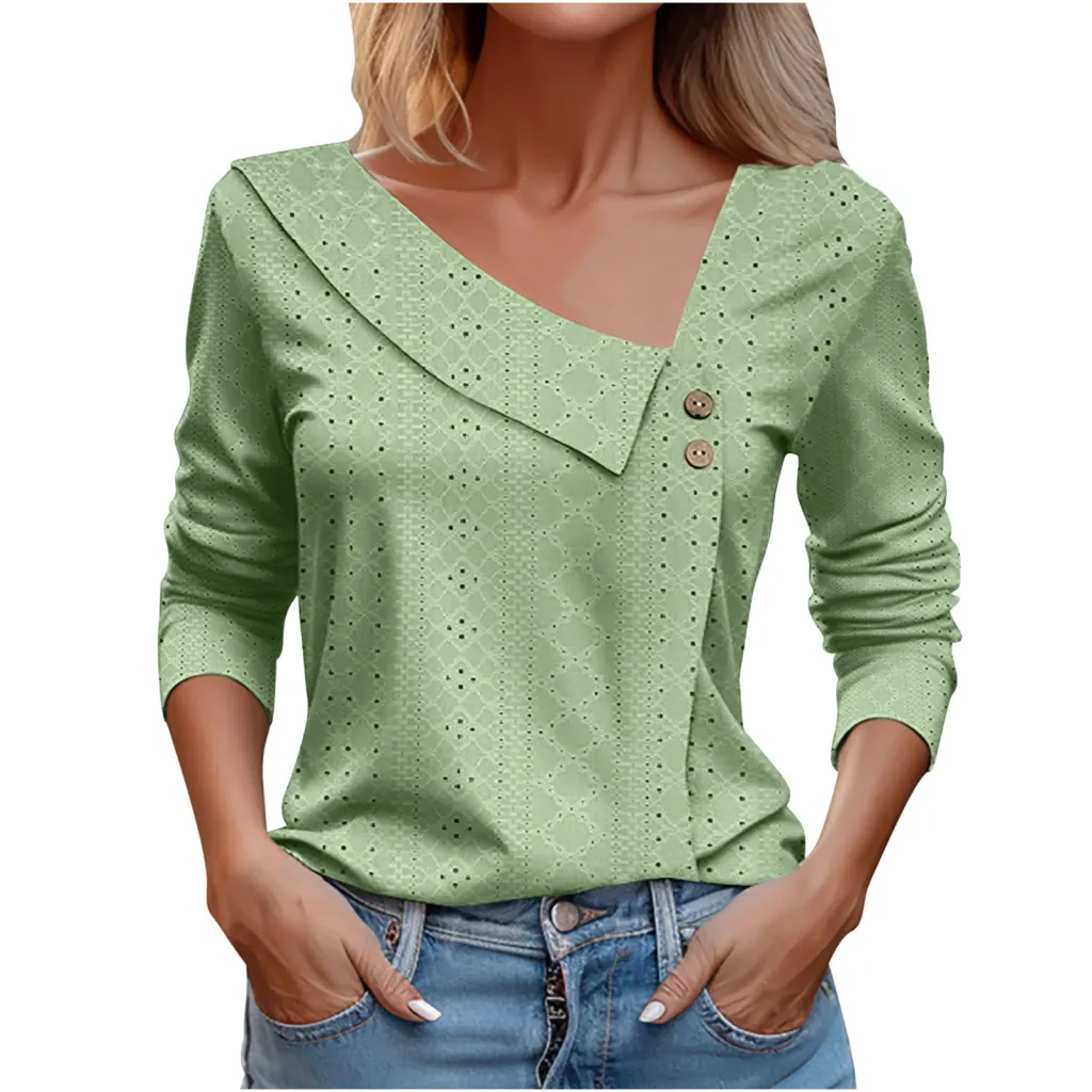 European American Summer New Solid Color And V-neck Button Long-sleeved T-shirt Top For Women - Yellow Green