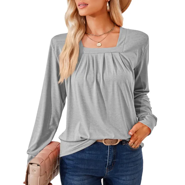 Loose fitting T shirt With A Square Neckline Pleats And Long Sleeves Gray - Shop at LoveMi