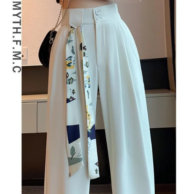 High Waist Narrow Version Ice Silk Wide leg Pants Drape White - Shop at LoveMi