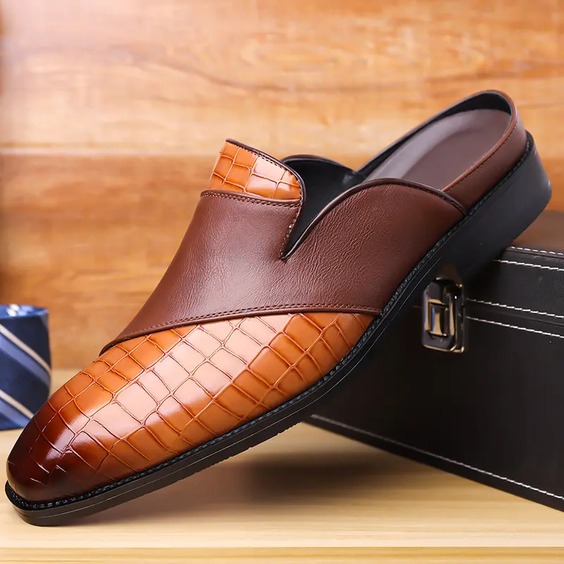 Mens Pointed-toe Leather Half-slippers Without A Heel