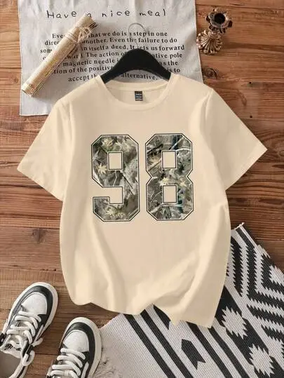 Round Neck Numbers Camouflage Top For Women Apricot - Shop at LoveMi