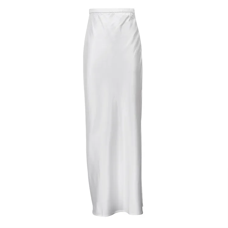 Satin Draping Side Slit High Waist Maxi Skirt - White