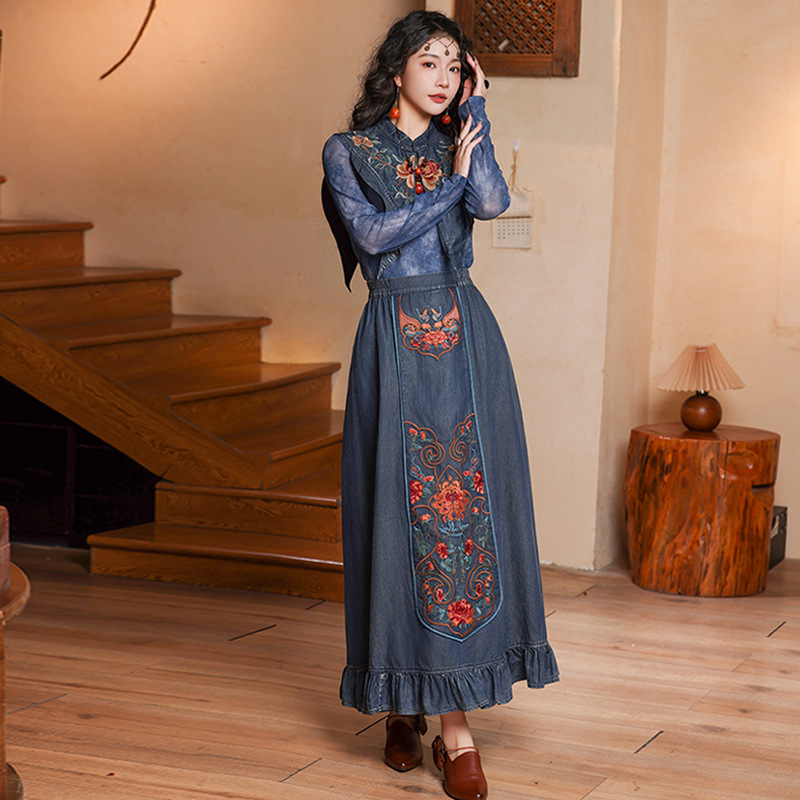 Retro Ethnic Machine Embroidery Denim Cloud Shoulder