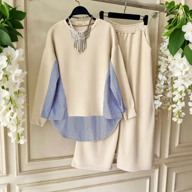 Front Short And Back Long Splicing Design With Pockets Top And Pants Set Apricot - Shop at LoveMi