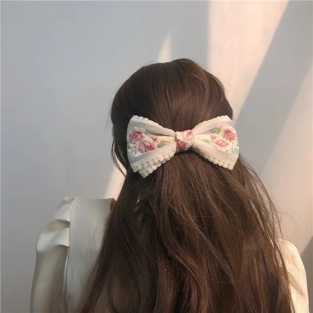 Embroidered Flower Ribbon Big Bow Hairpin Two Layer Spring Clamp - Shop at LoveMi